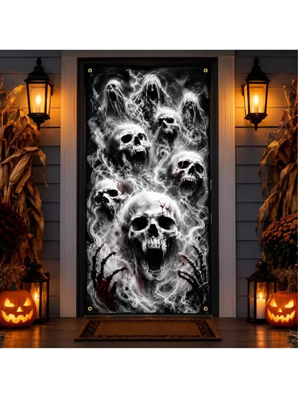 Halloween Door Cover, 72 x 35 Inch Scary Skull Ghost Door Decorations
